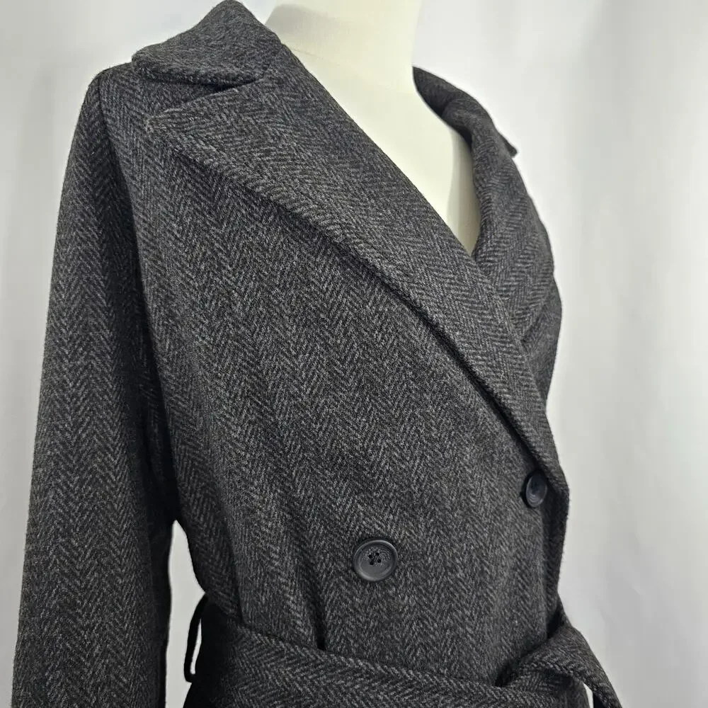 The Drop Jessy Grey Herringbone Double Breasted Long Overcoat Women's Size L NWT - Picture 9 of 16